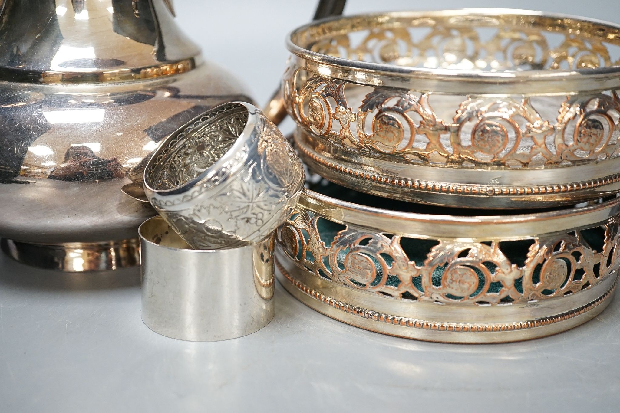 A silver plated rifle shooting cup , a cocktail shaker and mixed plate